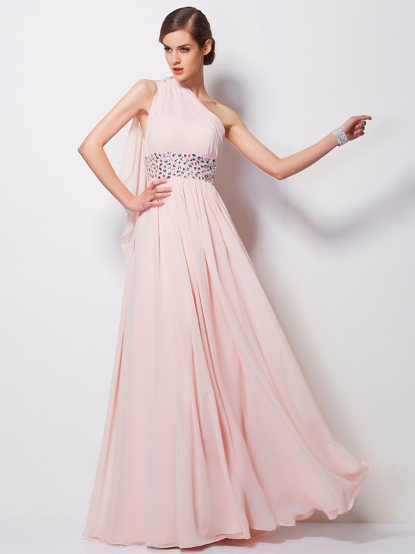 Sheath/Column One-Shoulder Sleeveless Beading Long Chiffon Dresses 6185