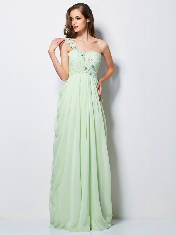 A-Line/Princess One-Shoulder Sleeveless Applique Long Chiffon Dresses 3880