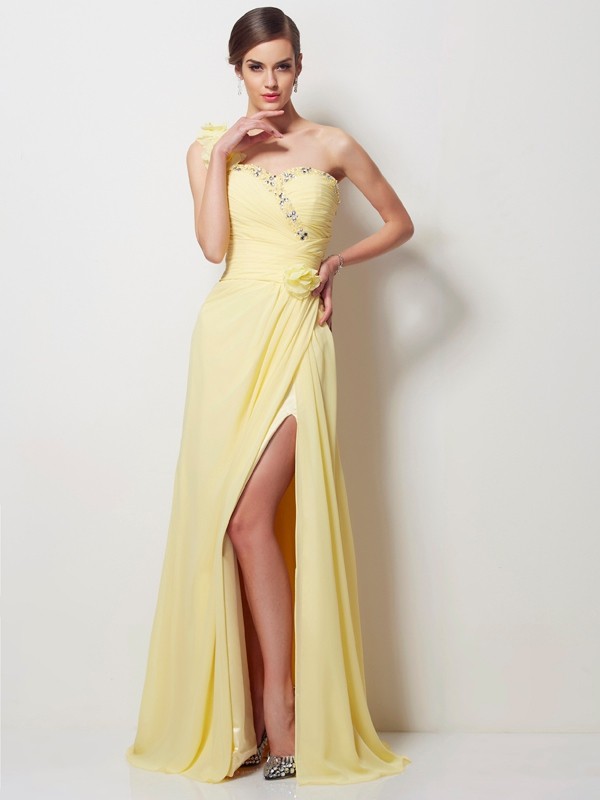 A-Line/Princess One-Shoulder Sleeveless Beading Long Chiffon Dresses 3894