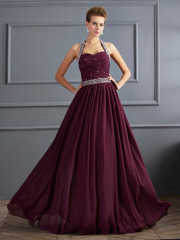 Sheath/Column Halter Sleeveless Beading Long Chiffon Dresses 5957