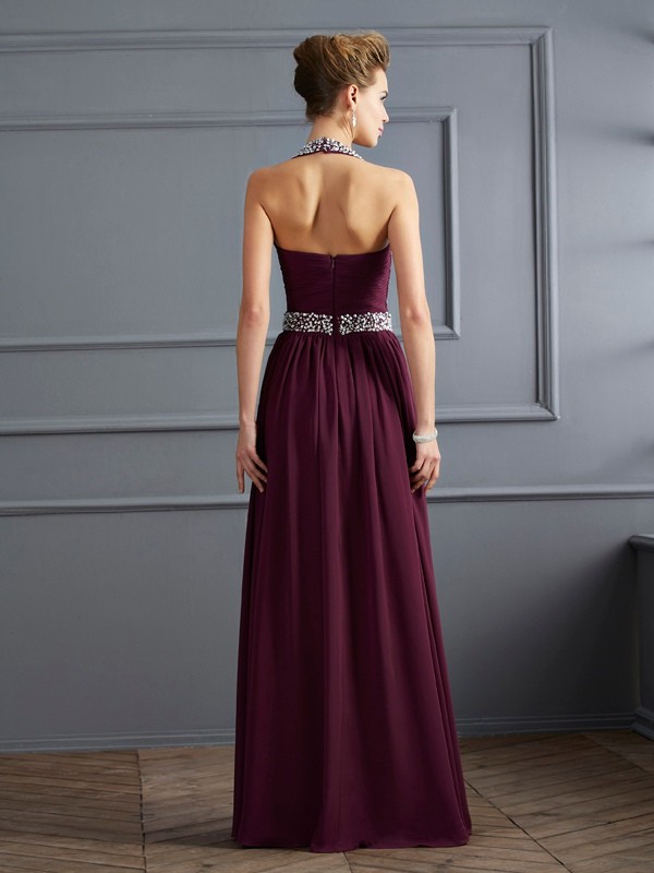 Sheath/Column Halter Sleeveless Beading Long Chiffon Dresses 5957