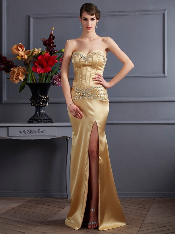 Sheath/Column Sweetheart Sleeveless Beading Long Elastic Woven Satin Dresses 6806