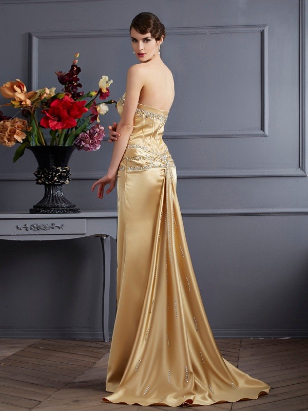 Sheath/Column Sweetheart Sleeveless Beading Long Elastic Woven Satin Dresses 6806