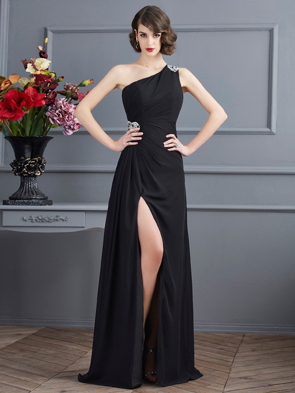 Sheath/Column One-Shoulder Sleeveless Beading Long Chiffon Dresses 6186