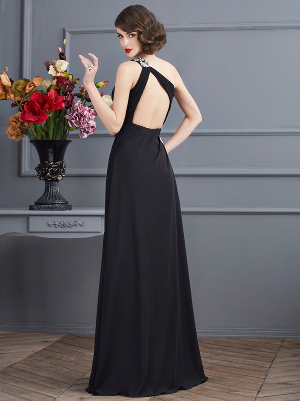 Sheath/Column One-Shoulder Sleeveless Beading Long Chiffon Dresses 6186