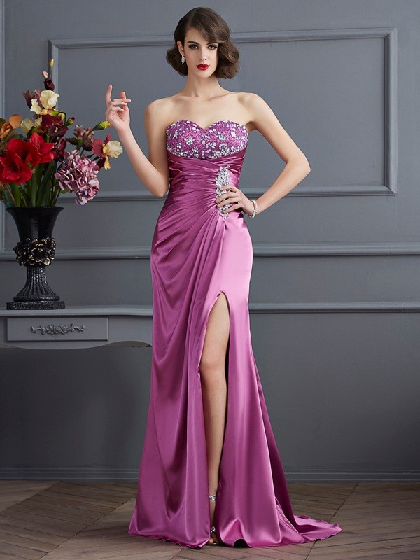 Sheath/Column Sweetheart Sleeveless Beading Long Elastic Woven Satin Dresses 6807