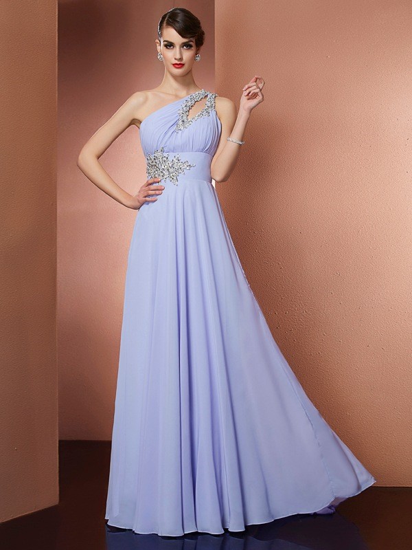 A-Line/Princess One-Shoulder Sleeveless Applique Beading Long Chiffon Dresses 3878