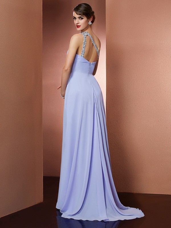 A-Line/Princess One-Shoulder Sleeveless Applique Beading Long Chiffon Dresses 3878