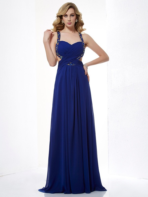 A-Line/Princess Halter Sleeveless Beading Long Chiffon Dresses 3585