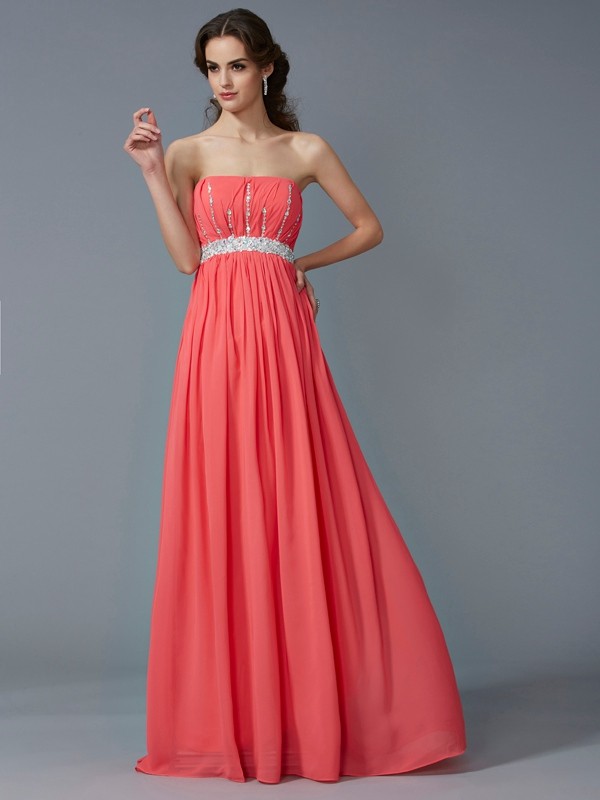 A-Line/Princess Strapless Sleeveless Beading Long Chiffon Dresses 4769