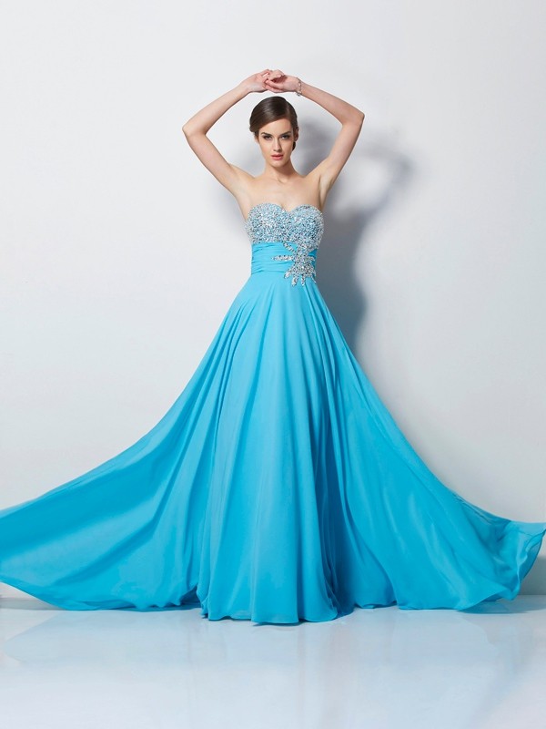 A-Line/Princess Sweetheart Sleeveless Beading Long Chiffon Dresses 5041