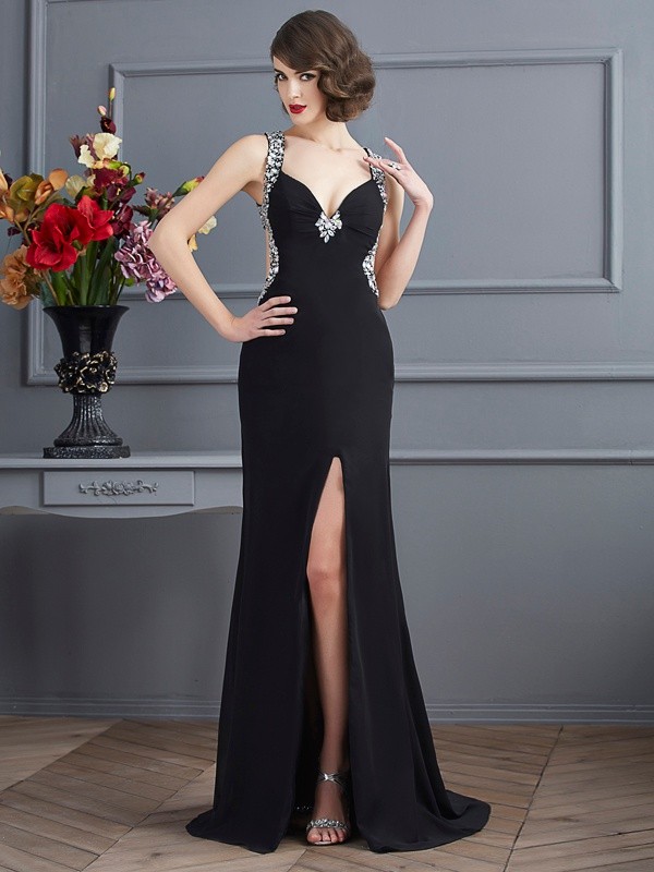 Sheath/Column Straps Sleeveless Beading Long Chiffon Dresses 6701