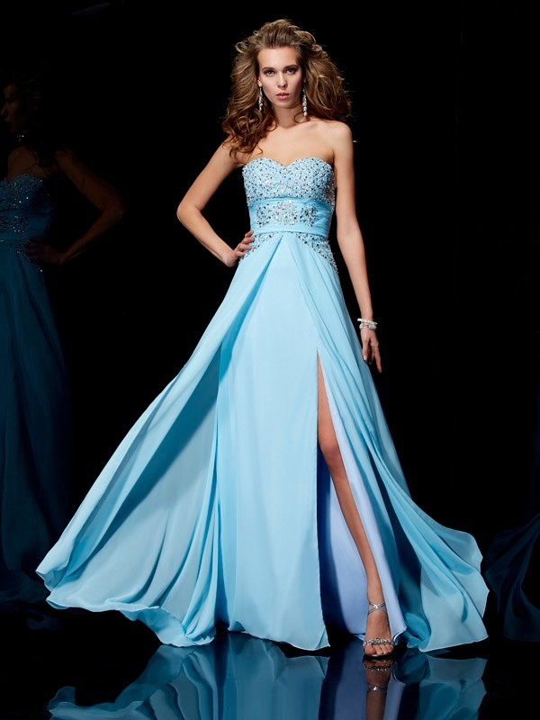 A-Line/Princess Sweetheart Sleeveless Beading Long Chiffon Dresses 5043