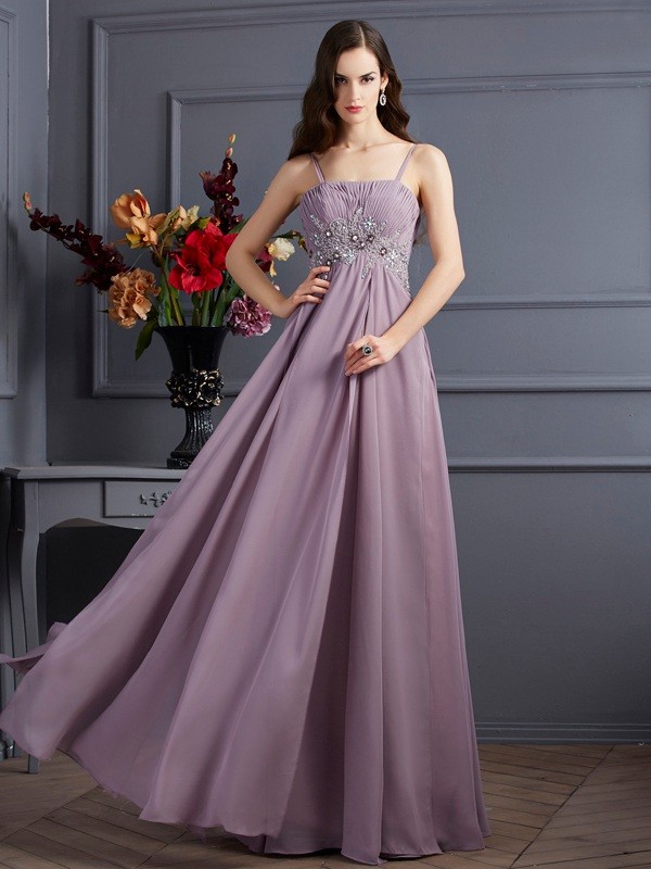 Empire Spaghetti Straps Sleeveless Beading Long Chiffon Dresses 5819