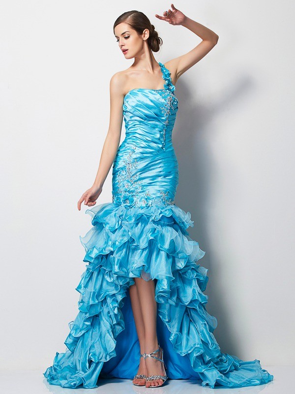 Trumpet/Mermaid One-Shoulder Sleeveless Beading High Low Taffeta Dresses 7173