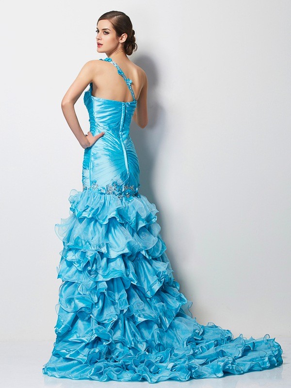 Trumpet/Mermaid One-Shoulder Sleeveless Beading High Low Taffeta Dresses 7173