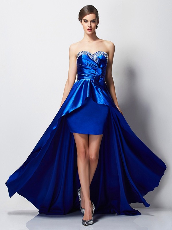 A-Line/Princess Sweetheart Sleeveless Beading High Low Elastic Woven Satin Dresses 5028