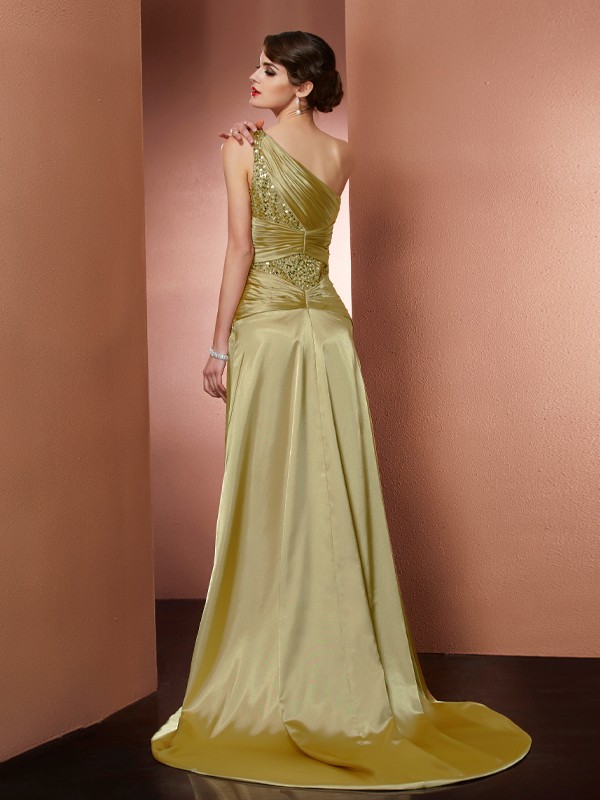 Sheath/Column One-Shoulder Sleeveless Beading Long Elastic Woven Satin Dresses 6190