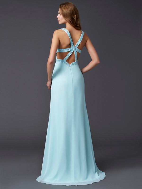 Sheath/Column V-neck Sleeveless Beading Long Chiffon Dresses 6893