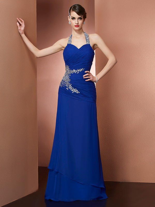 Sheath/Column Halter Sleeveless Beading Long Chiffon Dresses 5958