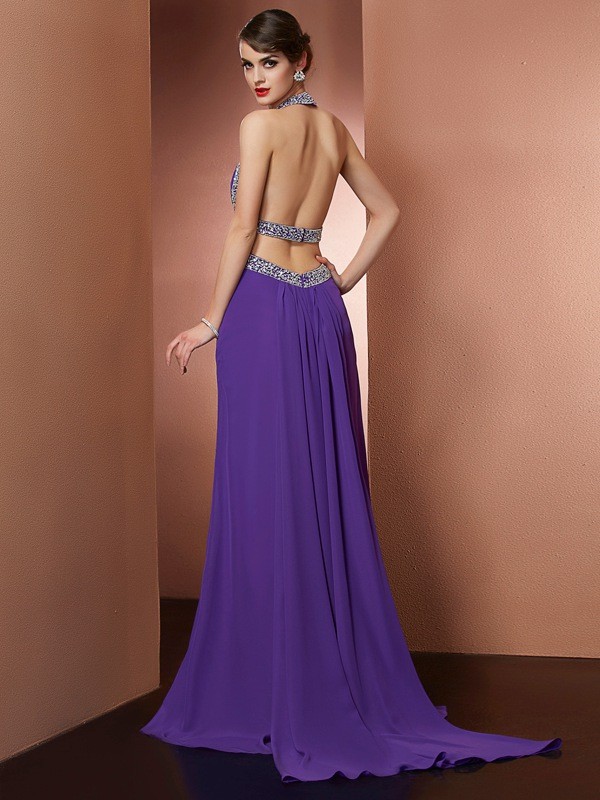 A-Line/Princess Halter Sleeveless Beading Long Chiffon Dresses 3586