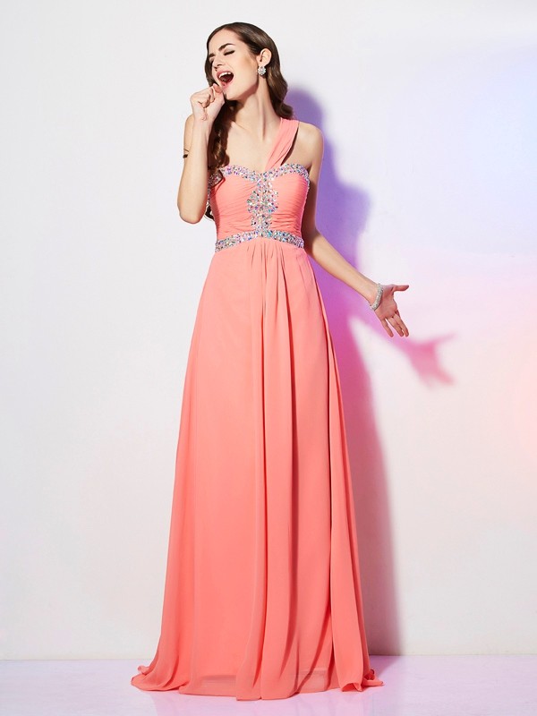 A-Line/Princess One-Shoulder Sleeveless Beading Long Chiffon Dresses 3895