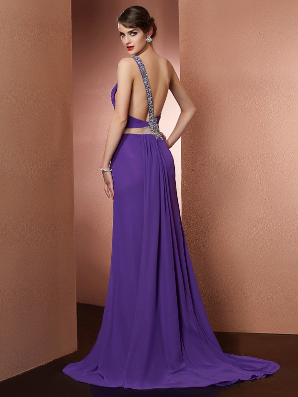 A-Line/Princess One-Shoulder Sleeveless Beading Long Chiffon Dresses 3896