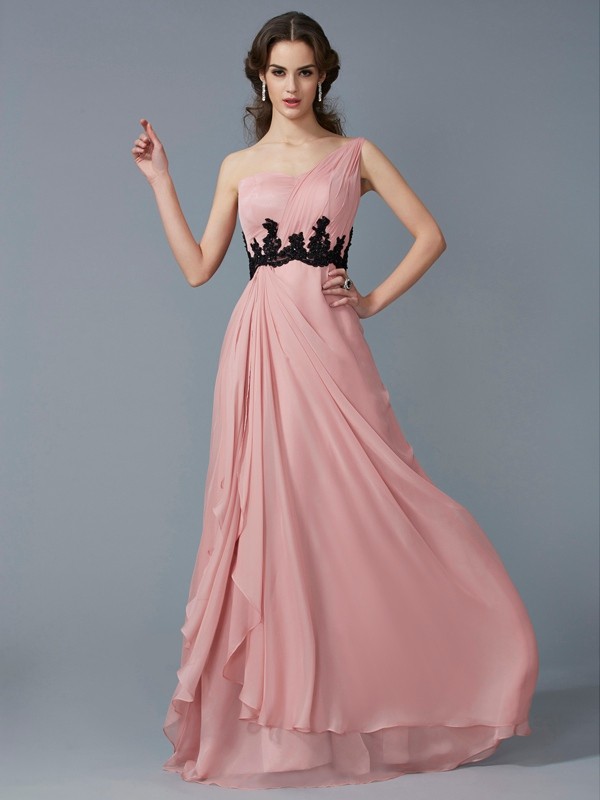 A-Line/Princess One-Shoulder Sleeveless Beading Long Applique Chiffon Dresses 3885