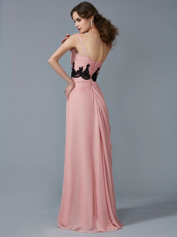 A-Line/Princess One-Shoulder Sleeveless Beading Long Applique Chiffon Dresses 3885