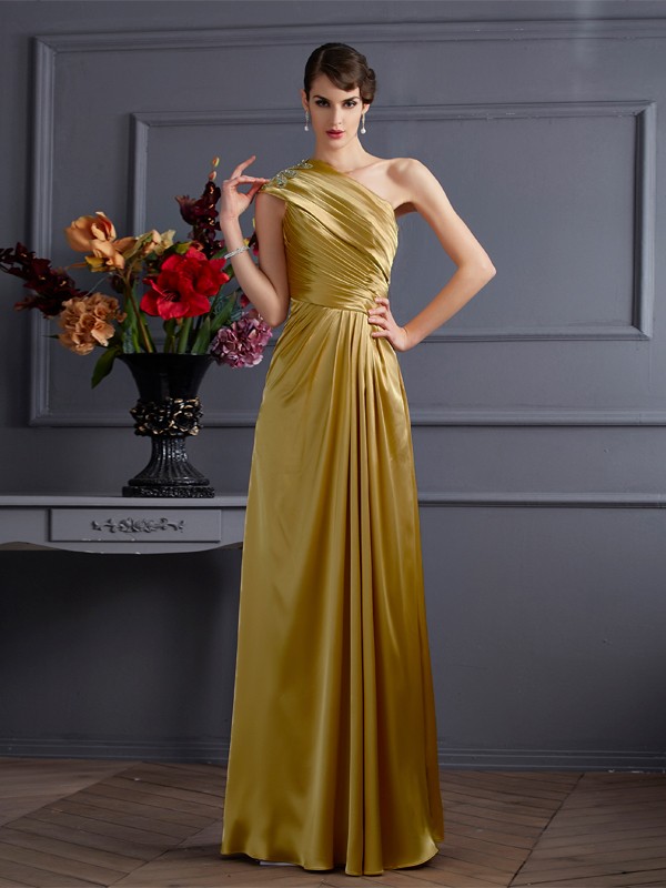 A-Line/Princess One-Shoulder Sleeveless Beading Long Elastic Woven Satin Dresses 3904