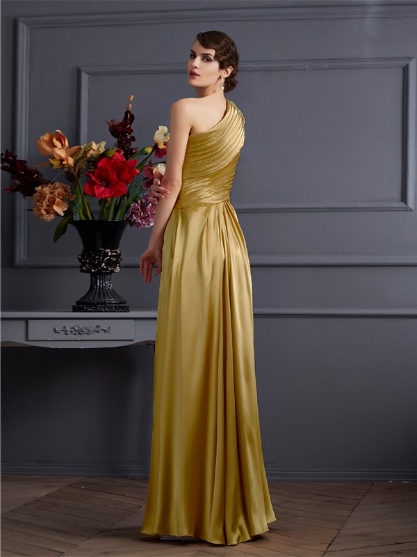 A-Line/Princess One-Shoulder Sleeveless Beading Long Elastic Woven Satin Dresses 3904