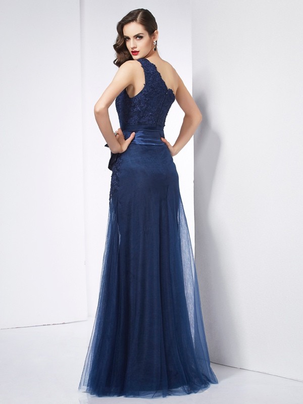 A-Line/Princess One-Shoulder Sleeveless Applique Long Net Dresses 3881