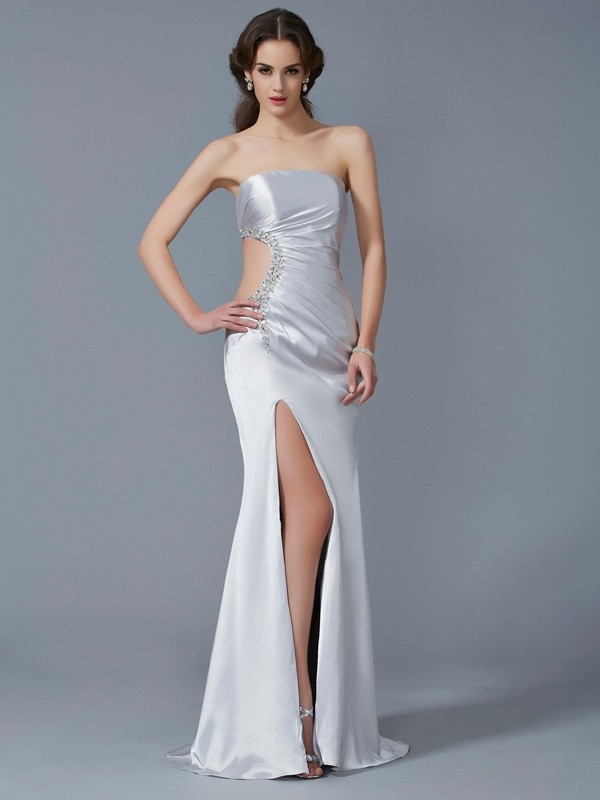 Trumpet/Mermaid Strapless Sleeveless Beading Long Elastic Woven Satin Dresses 7419