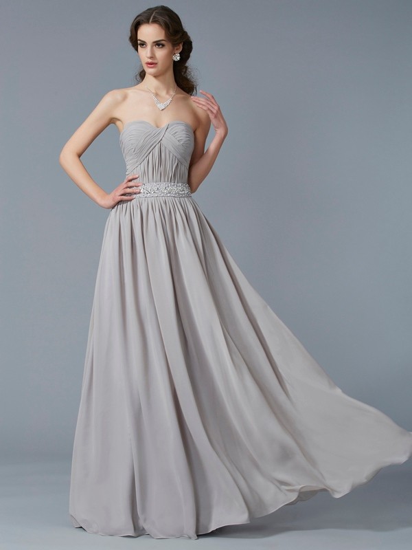 A-Line/Princess Sweetheart Sleeveless Beading Long Chiffon Dresses 5045