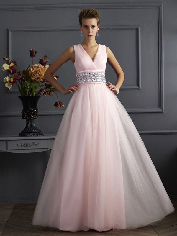 Ball Gown V-neck Sleeveless Beading Long Net Dresses 5810