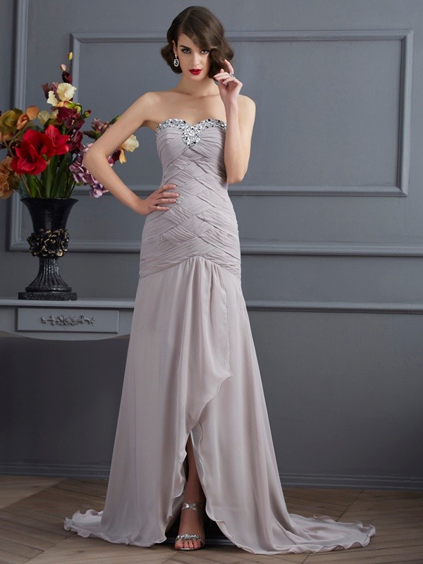 A-Line/Princess Sweetheart Sleeveless Beading Long Chiffon Dresses 5047