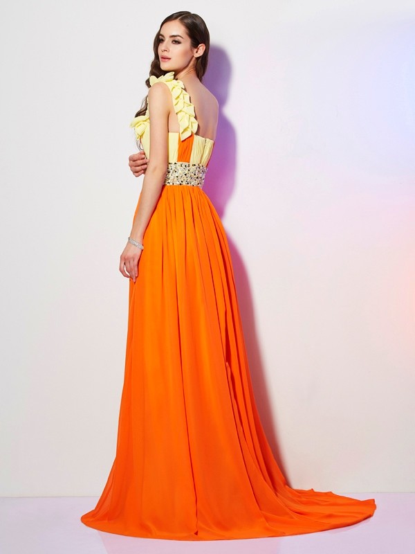 A-Line/Princess One-Shoulder Sleeveless Beading Long Chiffon Dresses 3897