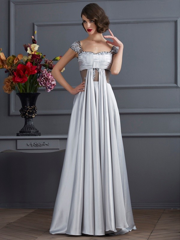 A-Line/Princess Off the Shoulder Sleeveless Pleats Long Elastic Woven Satin Dresses 3815