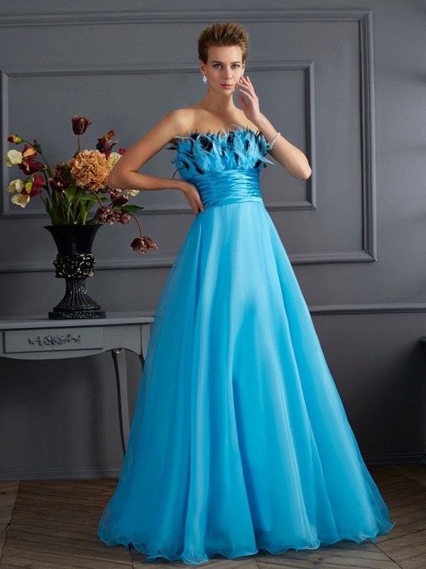 A-Line/Princess Strapless Sleeveless Long Organza Dresses 4781