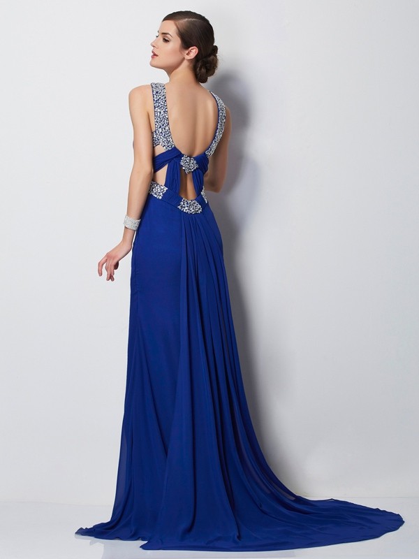 Sheath/Column High Neck Sleeveless Beading Long Chiffon Dresses 5990