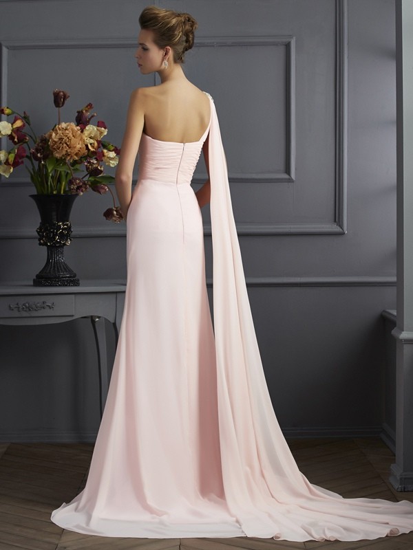 A-Line/Princess One-Shoulder Sleeveless Beading Long Chiffon Dresses 3898