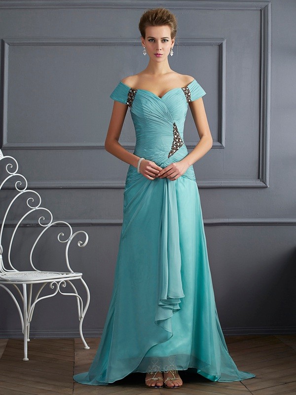 A-Line/Princess Off the Shoulder Sleeveless Beading Long Chiffon Dresses 3809