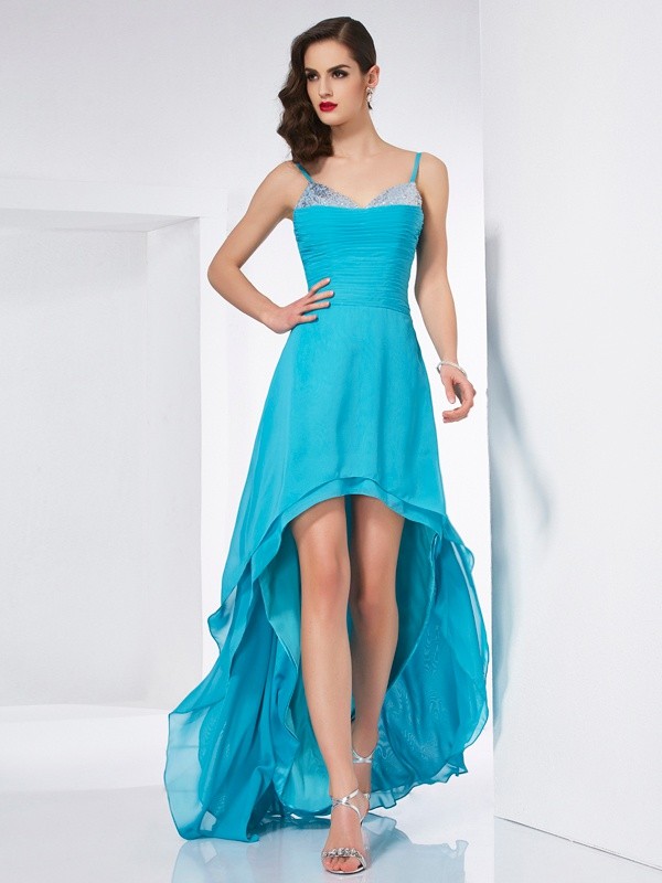 A-Line/Princess Spaghetti Straps Sleeveless High Low Chiffon Dresses 4725