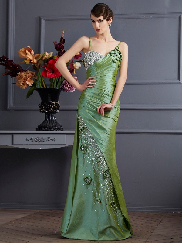 Trumpet/Mermaid Spaghetti Straps Sleeveless Beading Long Taffeta Dresses 7398