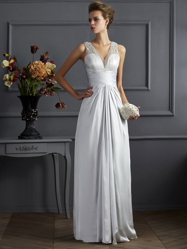 A-Line/Princess Straps Sleeveless Beading Long Silk like Satin Dresses 4848