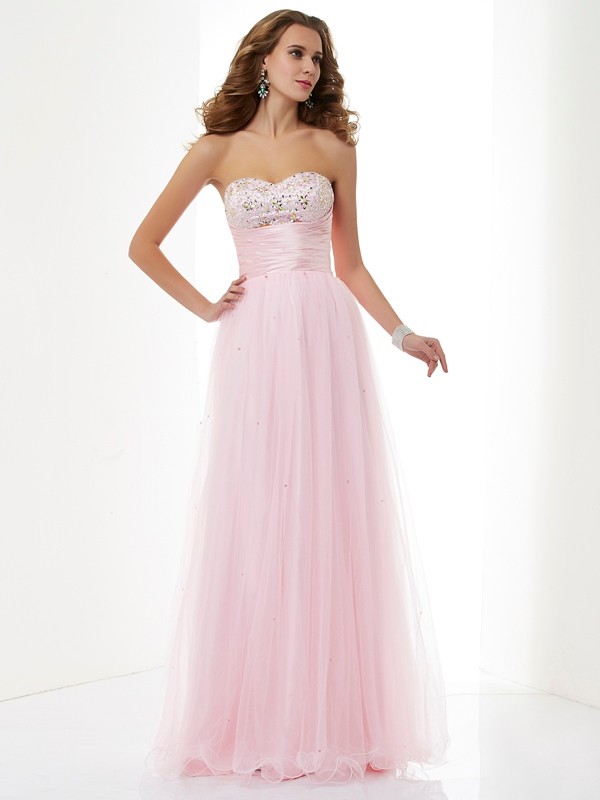 A-Line/Princess Sweetheart Sleeveless Beading Long Elastic Woven Satin Dresses 5061