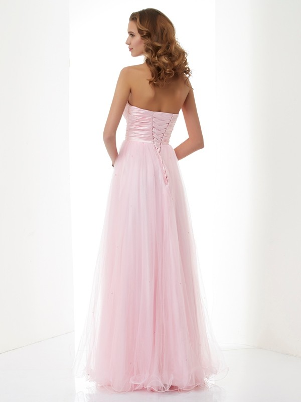 A-Line/Princess Sweetheart Sleeveless Beading Long Elastic Woven Satin Dresses 5061