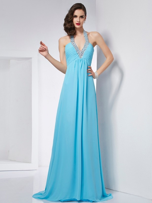 A-Line/Princess Halter Sleeveless Long Chiffon Dresses 3601