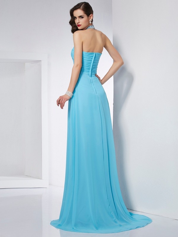 A-Line/Princess Halter Sleeveless Long Chiffon Dresses 3601