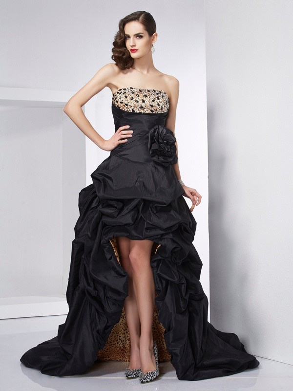 A-Line/Princess Strapless Sleeveless Beading High Low Taffeta Dresses 4763